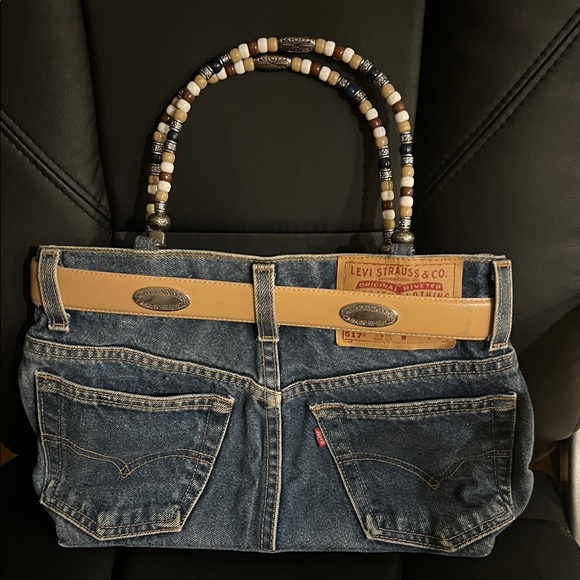 # 0679+ Denim Blue Levi and Leather belt Purse with Beaded Handle - Picture 2 of 8